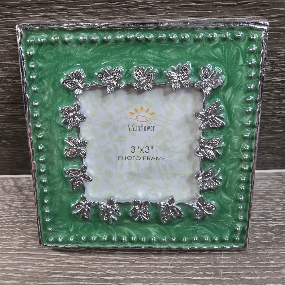 S Sunflower Green Enamel Butterfly Metal Small Square Picture Frame 3x3